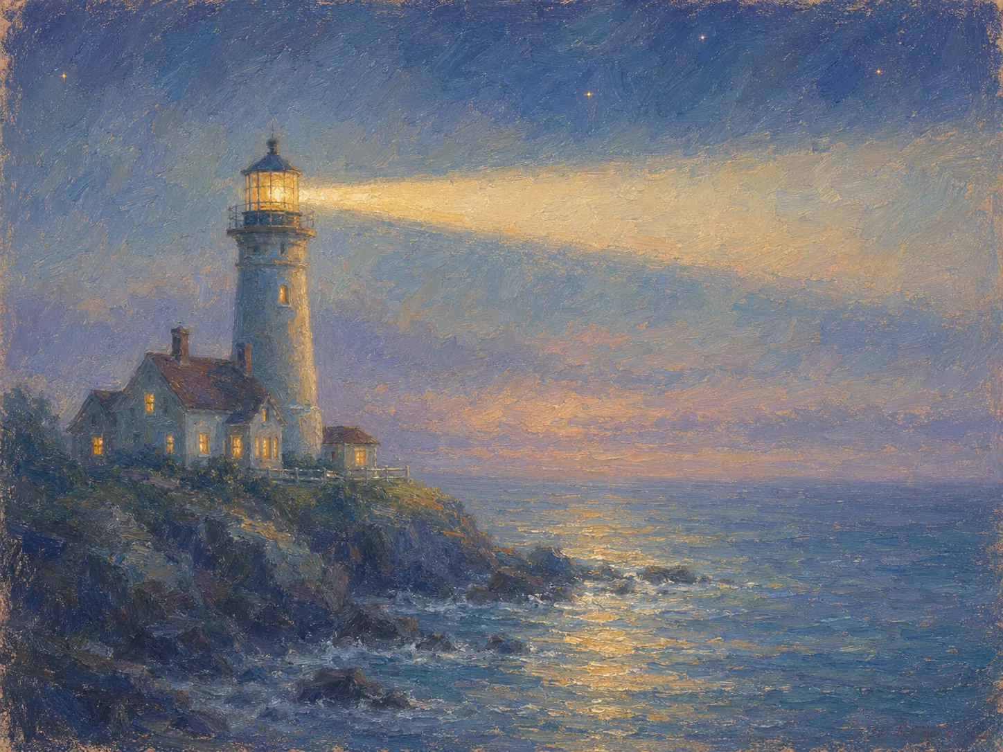 Oil painting of a clifftop lighthouse at twilight, its beam sweeping over a calm sea beneath a glowing sky
