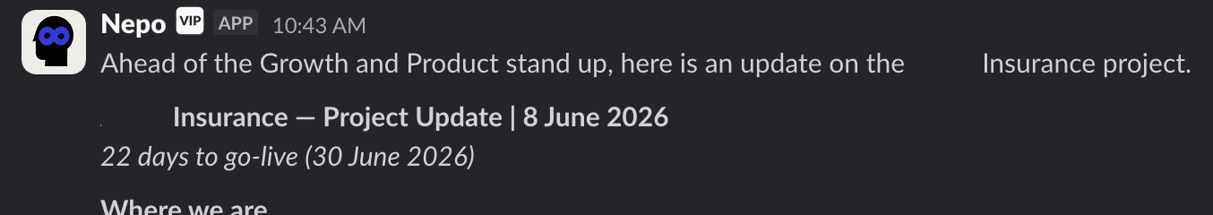 Nepo posting a daily project update in Slack ahead of the stand up